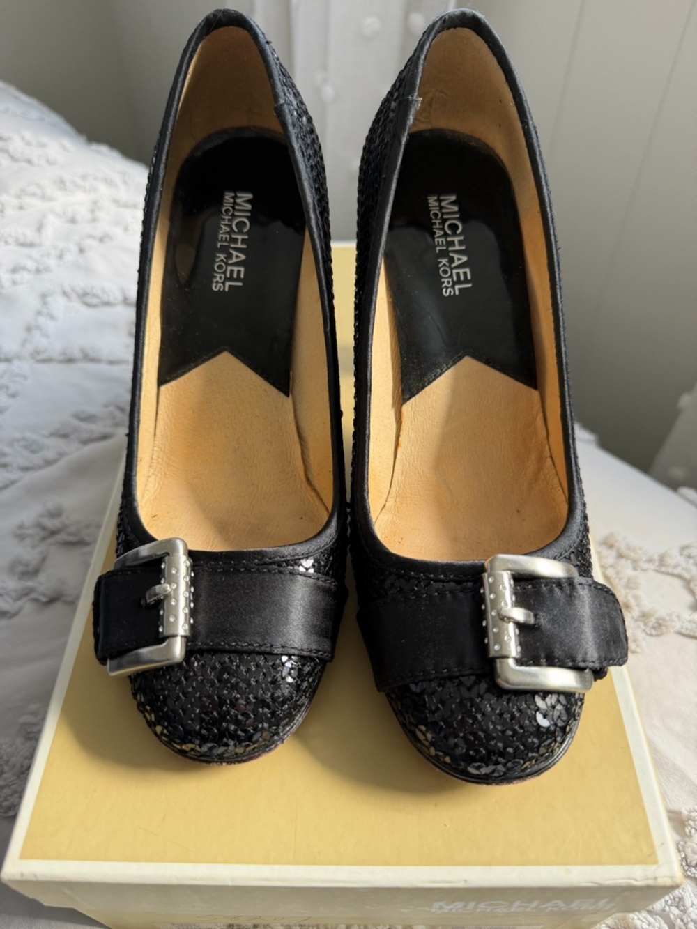MICHAEL Michael Kors Black Sequin Buckle Pumps